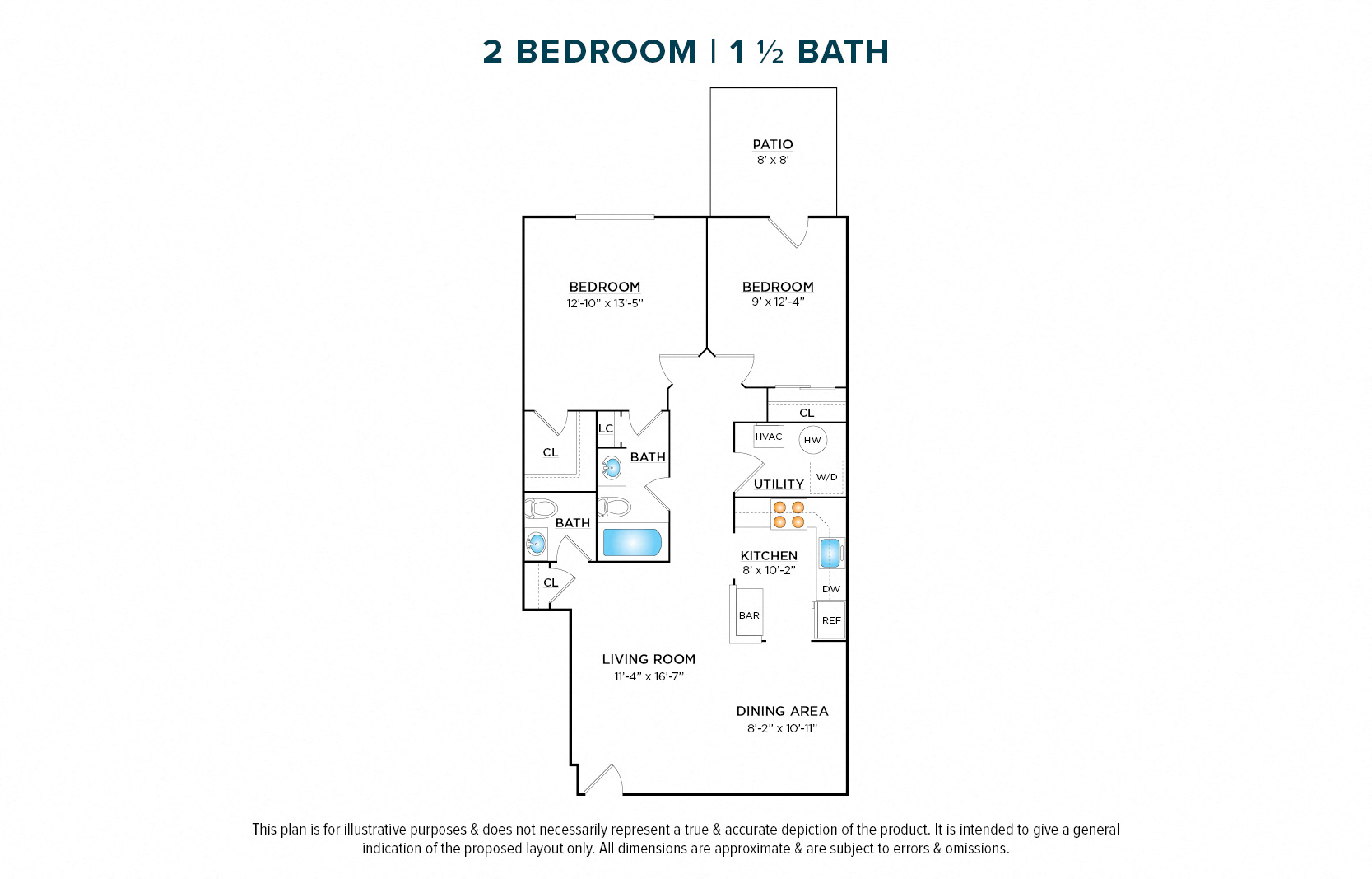 Floor plan for 2 beds, 1.5 baths, 1008 sqft